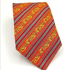 Vintage 90s Versace Red and Gold Silk Baroque Tie with Bold Stripes